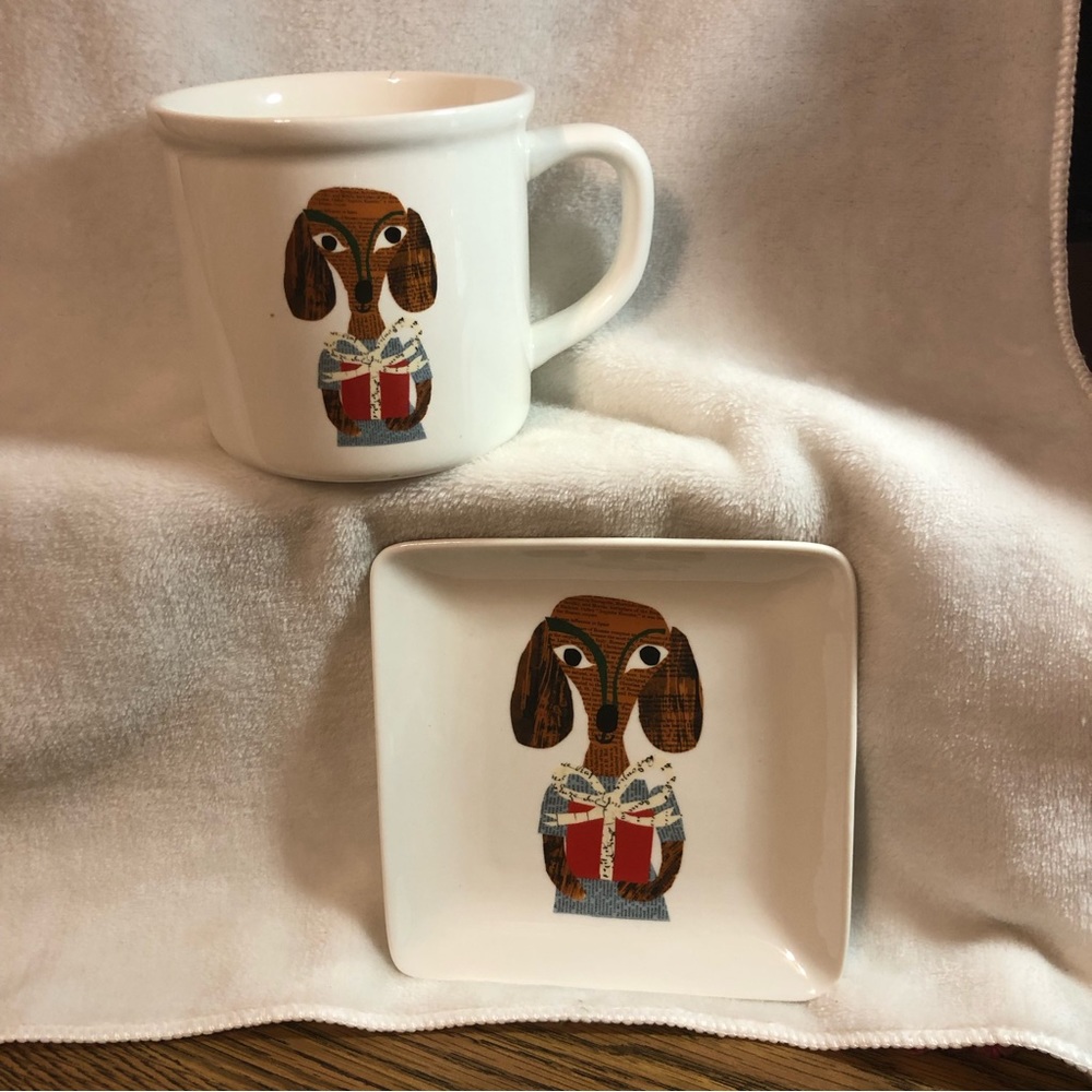 Pottery Barn Denise Fiedler Christmas dachshund mug and appetizer plate set